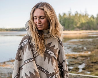 Poncho | NOMAD - Aztec - Southwest - Navajo - Geometric - Shawl - Poncho with Hood - Modest Maverick - Surf - Unisex - Geometric