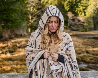 Poncho | SUMMIT - Aztec - Southwest - Navajo - Geometric - Shawl - Poncho with Hood - Modest Maverick - Surf - Unisex