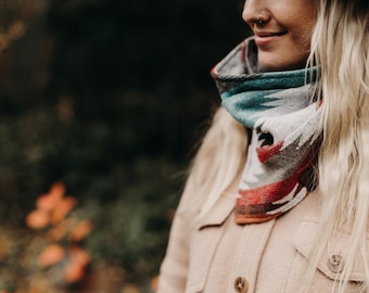 Foulard snap-on - THE TRAVELLER - tour de cou - écharpe de ski - aztèque - navajo - sud-ouest - bohème - géométrique - modeste non-conformiste - upcyclé