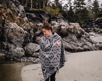 Poncho | TIMBER - Aztec - Southwest - Navajo - Geometric - Shawl - Poncho with Hood - Modest Maverick - Surf - Unisex