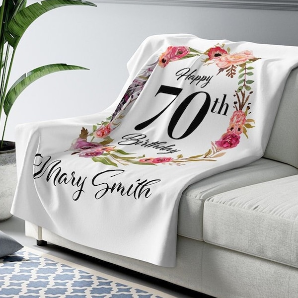 Personalized 70th Birthday Gifts for Women - 70 Year Old Female - Happy 70th Birthday Throw Blankets for Her Grandma Sherpa Fleece Blanket