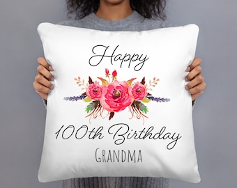 Happy 100th Birthday Gifts for Grandma - Custom Name Pillow Personalized Gift - Throw Pillows for Mom Wife Women - Pillow Case w/ stuffing