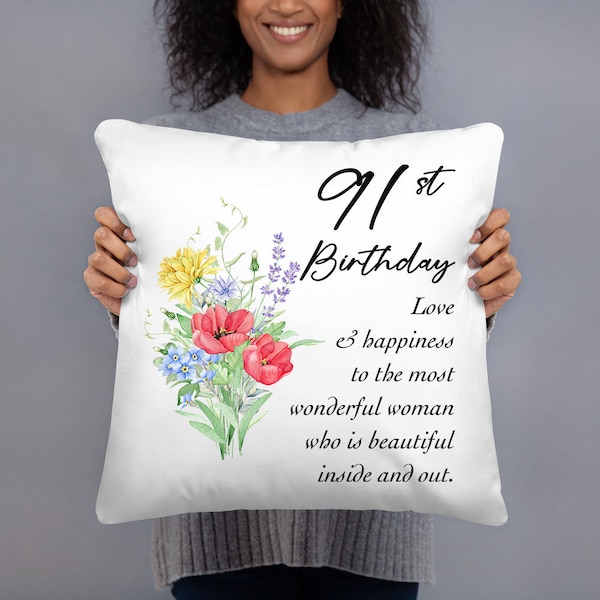 91st Birthday Pillow for Her - 91 Year Old Birthday Gifts for Women - Personalized Throw Pillows for Mom Grandma Est 1933 - Case w/ stuffing