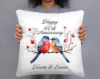 Personalized Happy 60th Anniversary Pillow, Wedding Gifts for Her Him 60 Years Romantic Present Wife Husband, Throw Pillows Case w/ stuffing