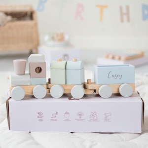 Personalised Wooden Blocks Train Set: Pastel Baby Toy, 1st Birthday Gift