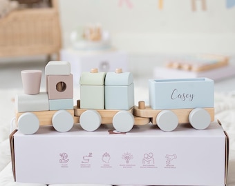 Personalised Wooden Blocks Train Set: Pastel Baby Toy, 1st Birthday Gift