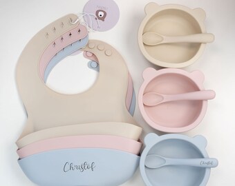 Silicone Bowl, Spoon and Bib | Baby Weaning Set Personalised with baby's name