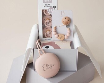 BIBS Gift Box | Baby's First Pacifier Pack & Holders Set | Personalised