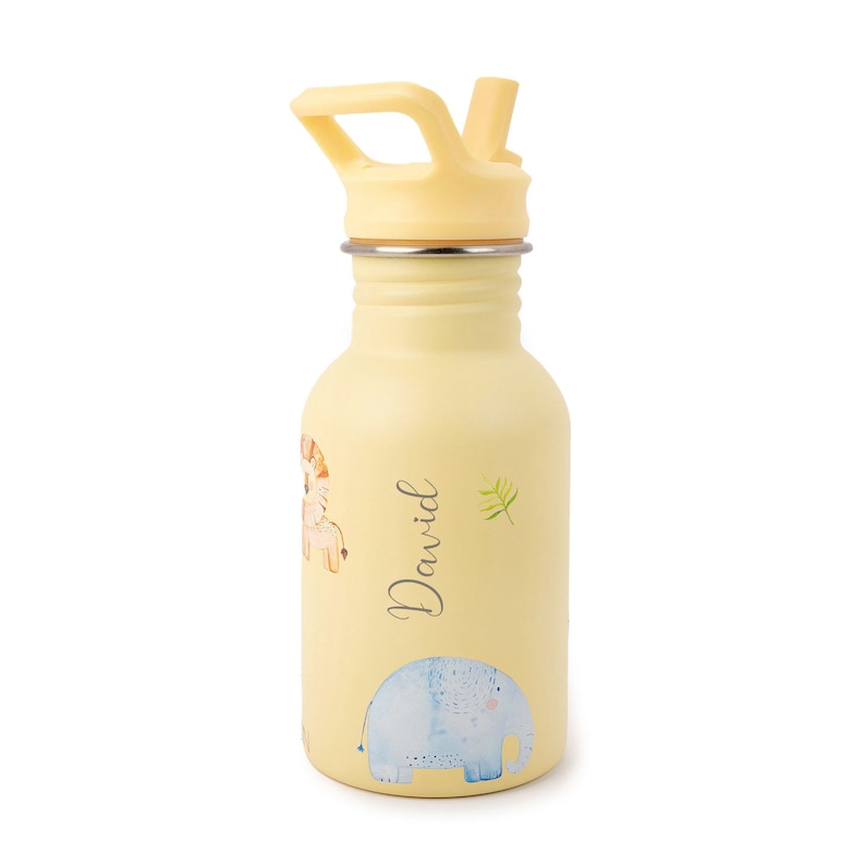 May include: Yellow stainless steel water bottle with a straw lid and a handle. The bottle has a jungle animal theme with a giraffe, elephant, and palm tree design. The name "David" is written on the bottle.