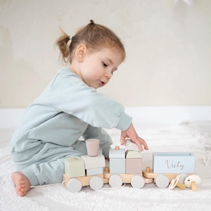 May include: A wooden toy train with pastel-coloured blocks and a light blue box car. The name "Vicky" is written on the side of the box car. The train is on a wooden base with grey wheels. A child is playing with the train.