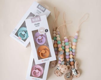 Pack of 2 BIBS Colour Latex Pacifiers & Rainbow Pacifier Clip | Size 1 and 2