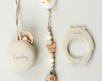Baby Set | Frigg Pacifiers | Matching Holders | Teether | Personalised with Baby's Name