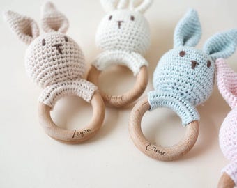 Personalised Crocheted Bunny Rattle Toy | Newborn gift