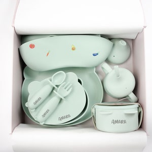 Baby Weaning Essentials Gift Box | Personalised Baby Plate, Bowl, Cutlery, Bib, Sippy Cup and Snack Pot by JBØRN