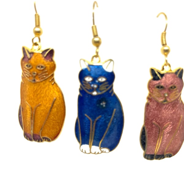 Cloisonne' Cat Earrings, Blue Cat Earrings, Golden Cat Earrings, Bronze Cat earrings, Kitty Earrings, Cat jewelry, Kitty Jewelry, Cat Lady