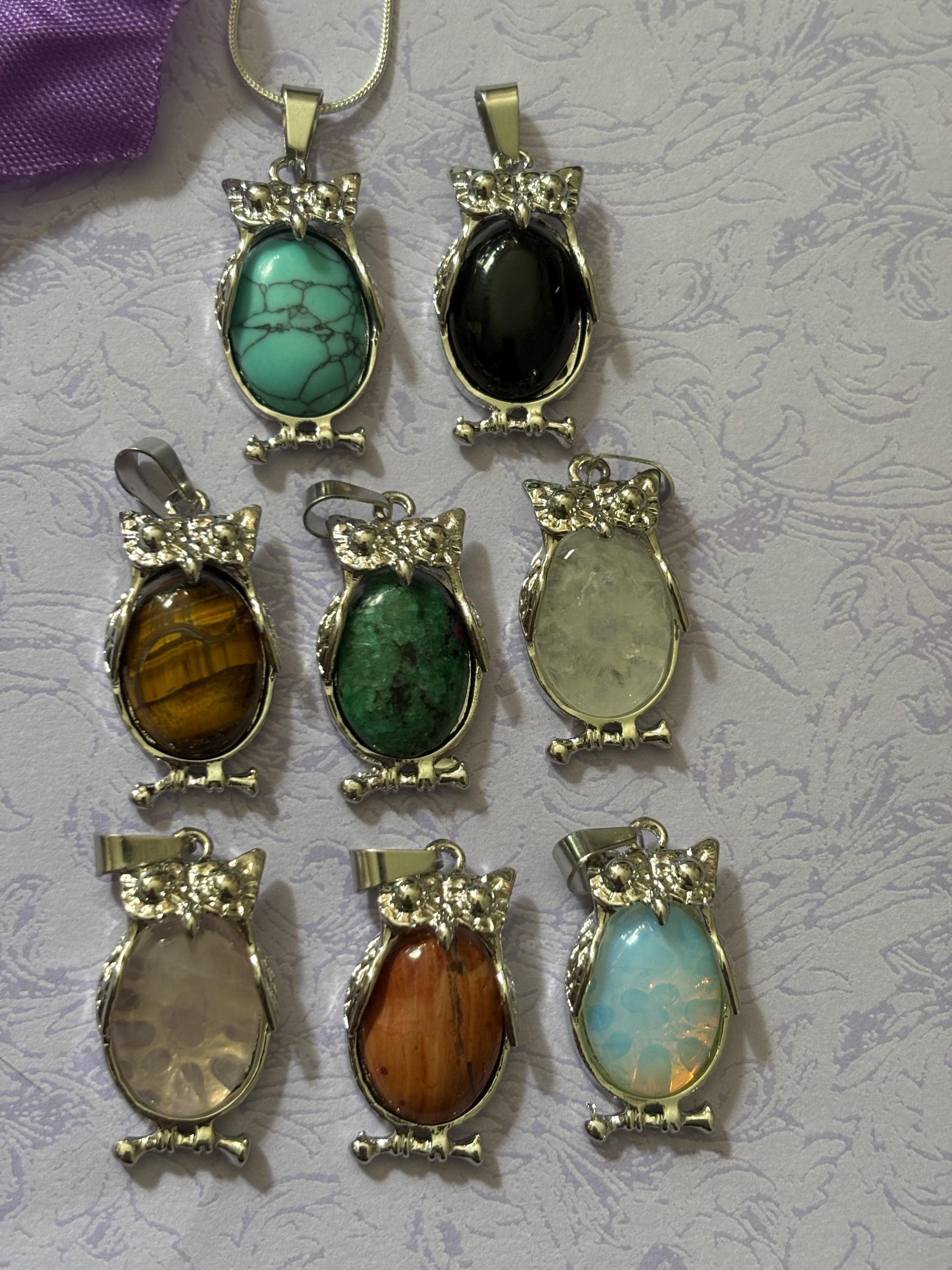 Stone and Silver Owl Pendants Natural Gemstone Necklace with 925 Silver Snake Chain Silver Plated Ac