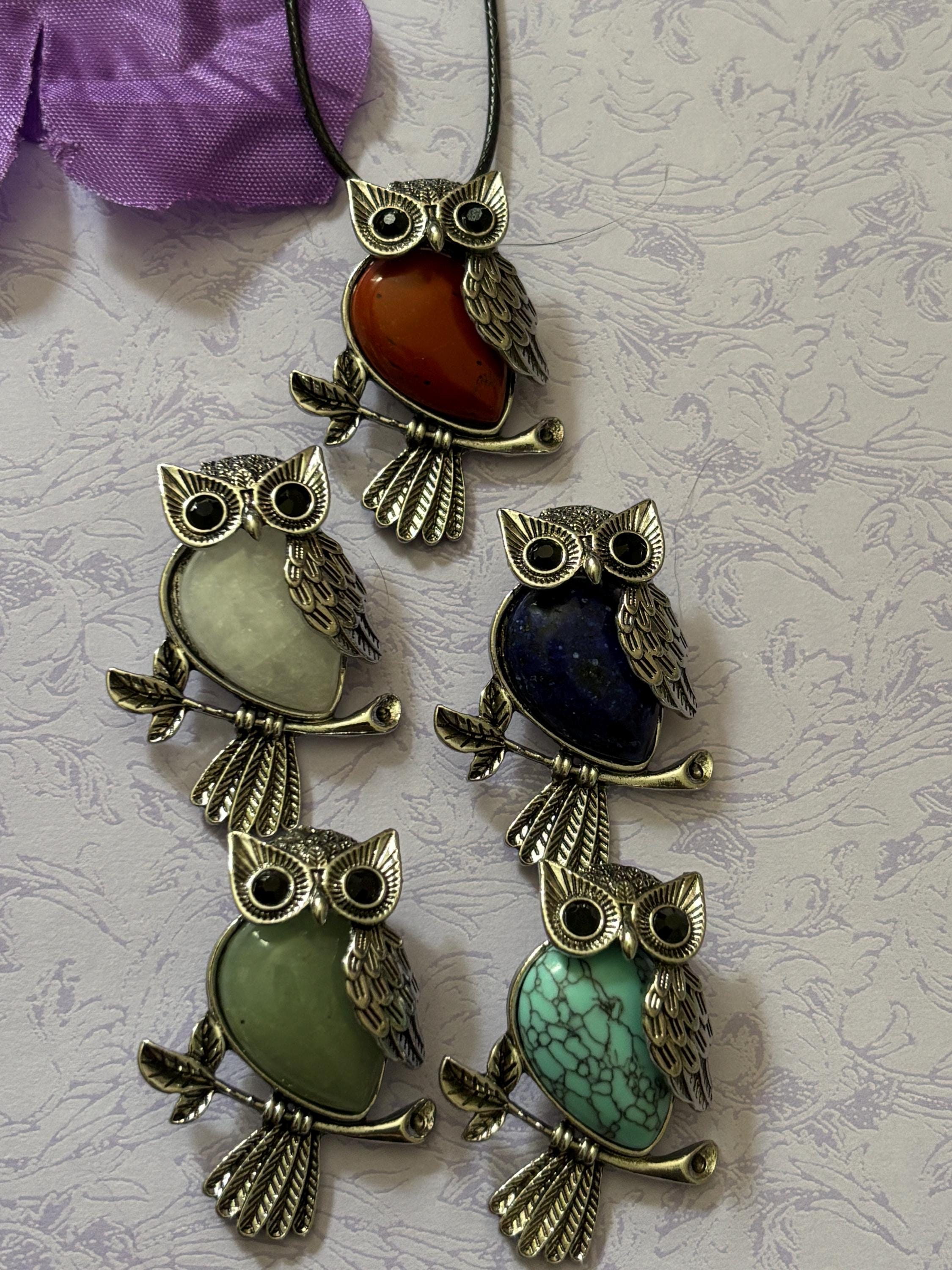 Statement Stone and Silver Owl Pendants Natural Gemstone Necklace with Leather Cord Silver Plated Ac