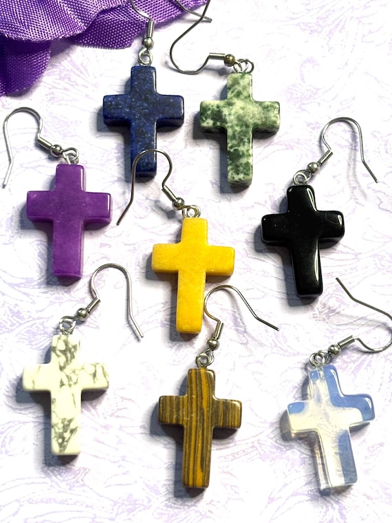 Natural Stone Cross Earrings with Hypoallergenic Hooks in Eight Gemstone Color Options Spiritual Lightweight Handmade Jewelry