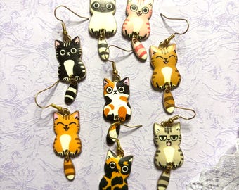 Dangly Tail Cat Earrings Enamel Cat Jewelry with Gold Plating Lightweight Hypoallergenic Hooks Cute Cat Lover Gift in Multiple Colors