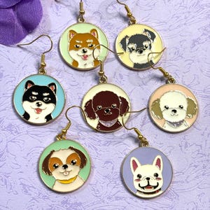 Round Dog Earrings with Vivid Enamel Colors Gold Plated Backs and Hypoallergenic Hooks Featuring Huskies Poodles Doodles and More