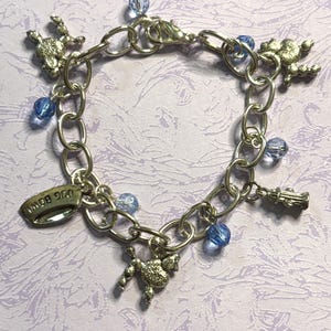 Silver Poodle Charm Bracelet Dog Lover Jewelry with 3D Poodle Charms Fire Hydrant Dog Bowl and Blue Beads on Silver Plated Chain