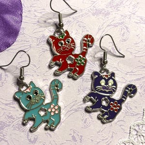 Funny Cat Earrings Enamel Cat Jewelry Silver Plated Lightweight Hypoallergenic Hooks Humorous Gift for Cat Lovers in Bold Fun Colors