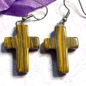 Natural Stone Cross Earrings with Hypoallergenic Hooks in Eight Gemstone Color Options Spiritual Lightweight Handmade Jewelry Tiger Eye