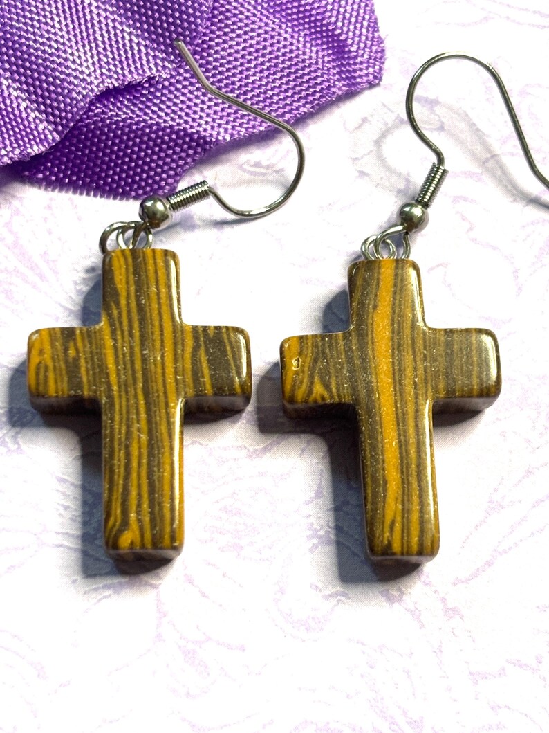 Natural Stone Cross Earrings with Hypoallergenic Hooks in Eight Gemstone Color Options Spiritual Lightweight Handmade Jewelry Tiger Eye