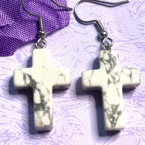 Natural Stone Cross Earrings with Hypoallergenic Hooks in Eight Gemstone Color Options Spiritual Lightweight Handmade Jewelry White Turquoise