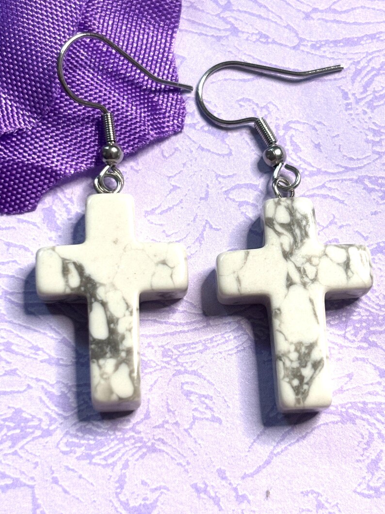 Natural Stone Cross Earrings with Hypoallergenic Hooks in Eight Gemstone Color Options Spiritual Lightweight Handmade Jewelry White Turquoise