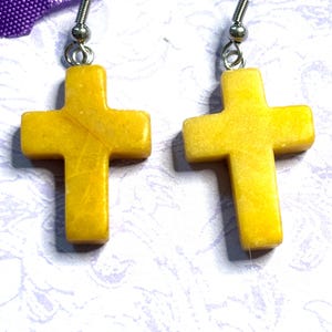 Natural Stone Cross Earrings with Hypoallergenic Hooks in Eight Gemstone Color Options Spiritual Lightweight Handmade Jewelry Yellow Quartz