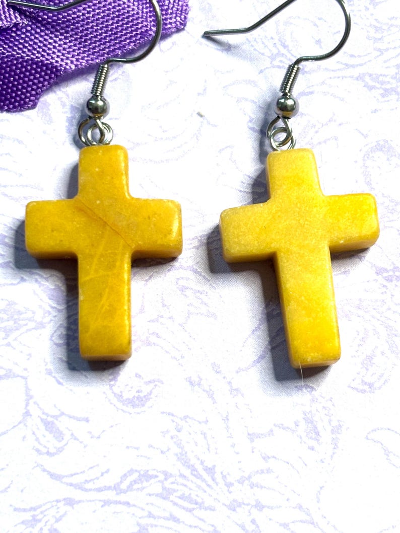 Natural Stone Cross Earrings with Hypoallergenic Hooks in Eight Gemstone Color Options Spiritual Lightweight Handmade Jewelry Yellow Quartz