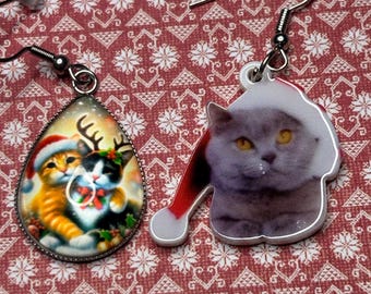 Adorable Grey Cat Christmas Earrings | Dangle Santa Hat & Bow Tie Kitten Jewelry For Cat Lovers - View #4