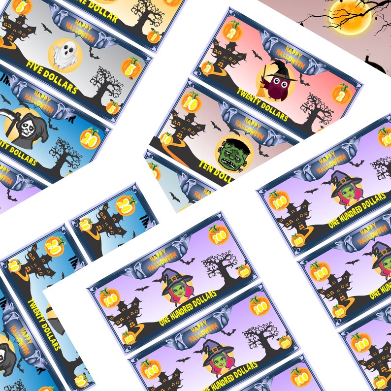 cartoon halloween play money printable front and back party etsy