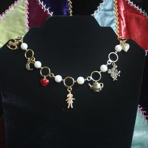 Whimsical Tea Party Charm Necklace Gold Color Doll Teapot Heart Motif Faux Pearls Eclectic Handmade