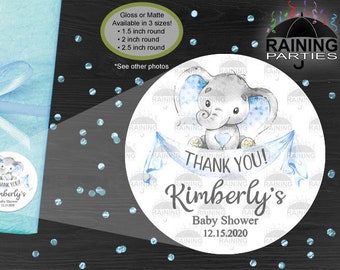 Pegatinas personalizadas de elefante azul para baby shower, etiquetas de agradecimiento, etiquetas de regalo para fiesta de cumpleaños, sellos para sobres, acuarela, Little Peanut