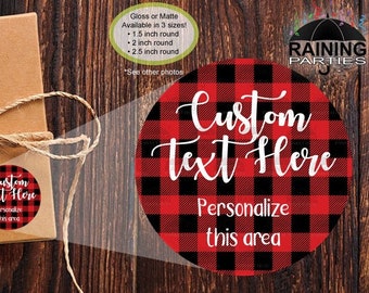 Pegatinas personalizadas de cuadros escoceses de búfalo, etiquetas rojas y negras para recuerdos de fiesta de cumpleaños de leñador, sellos rústicos para baby shower, etiquetas para camping, nombre de la novia