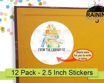 Stacked Books Pile Labels Blank Name Space to Write on (12 Pack) 2.5" Circle Round Stickers Seal From the Library of Bookplates Reading Gift