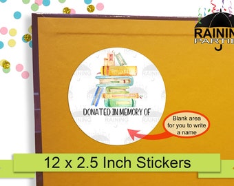 Donated in Memory of Stacked Books Labels (12 Pack) 2.5" Circle Round Stickers Seals, Donation Memorial Bookplate Reading Gifts Donations