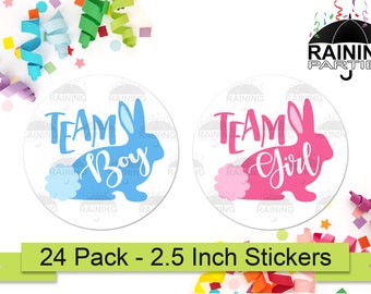 Pegatinas para fiesta de revelación de género de conejo de Pascua (paquete de 24) etiquetas redondas circulares de 2,5 pulgadas, sellos para regalos de fiesta de baby shower, equipo azul niño rosa niña