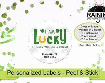 Personalizado Soy afortunado de tenerte para un amigo etiquetas, feliz st. Patrick's Day Stickers, Sellos de sobre, Trébol Shamrock, Horseshoe Class