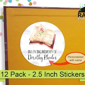 In Loving Memory of Personalized Open Book Labels (12 Pack) 2.5&quot; Circle Round Stickers Seals, Donation Memorial Bookplate Reading Gifts Idea