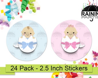 Egg Babies Hatching Gender Reveal Party Stickers (24 Pack) 2.5" Circle Round Labels, Baby Shower Party Favors Seals, Team Blue Boy Pink Girl