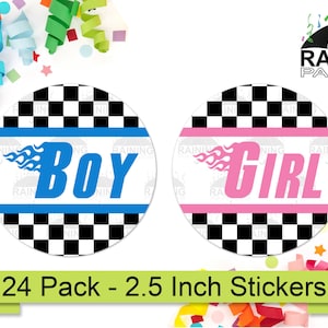 Hot Rod Checkered Flag Racer Gender Reveal Party Stickers (24 Pack) 2.5&quot; Circle Labels, Baby Shower Party Favors Team Blue Boy Pink Girl