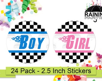 Pegatinas para fiesta de revelación de género con diseño de coche deportivo y bandera a cuadros (paquete de 24), etiquetas circulares de 6,35 cm (2,5"), recuerdos para baby shower, equipo azul niño, equipo rosa niña
