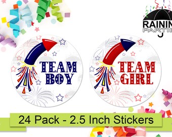 Puede incluir: 24 paquetes de pegatinas redondas de 6,35 cm con un diseño de fuegos artificiales rojo, blanco y azul. Una pegatina dice "Team Boy" y la otra dice "Team Girl".