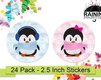 Winter Penguins Gender Reveal Party Stickers (24 Pack) 2.5" Circle Round Labels Baby Shower Party Favors Seals Blue Boy Pink Girl He or She