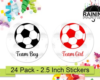 Pelotas de fútbol Género Revelar Partido Pegatinas (24 Pack) Rojo Negro 2.5"Círculo Ronda Etiquetas, Baby Shower Party Favors Seals Team Boy Girl Goals