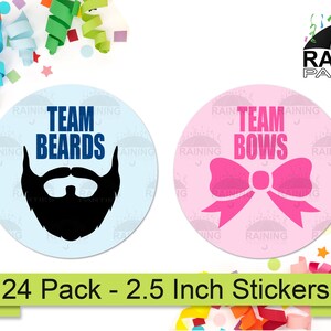 Team Black Beards or Bows Gender Reveal Party Stickers (24 Pack) 2.5&quot; Circle Round Labels Baby Shower Party Favors Seals, Blue Boy Pink Girl