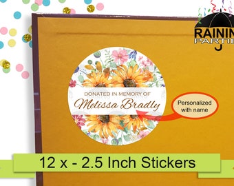 Donated in Memory of Personalized Sunflower Florals Labels (12 Pack) 2.5" Circle Round Stickers Seal Donation Memorial Bookplate Reading